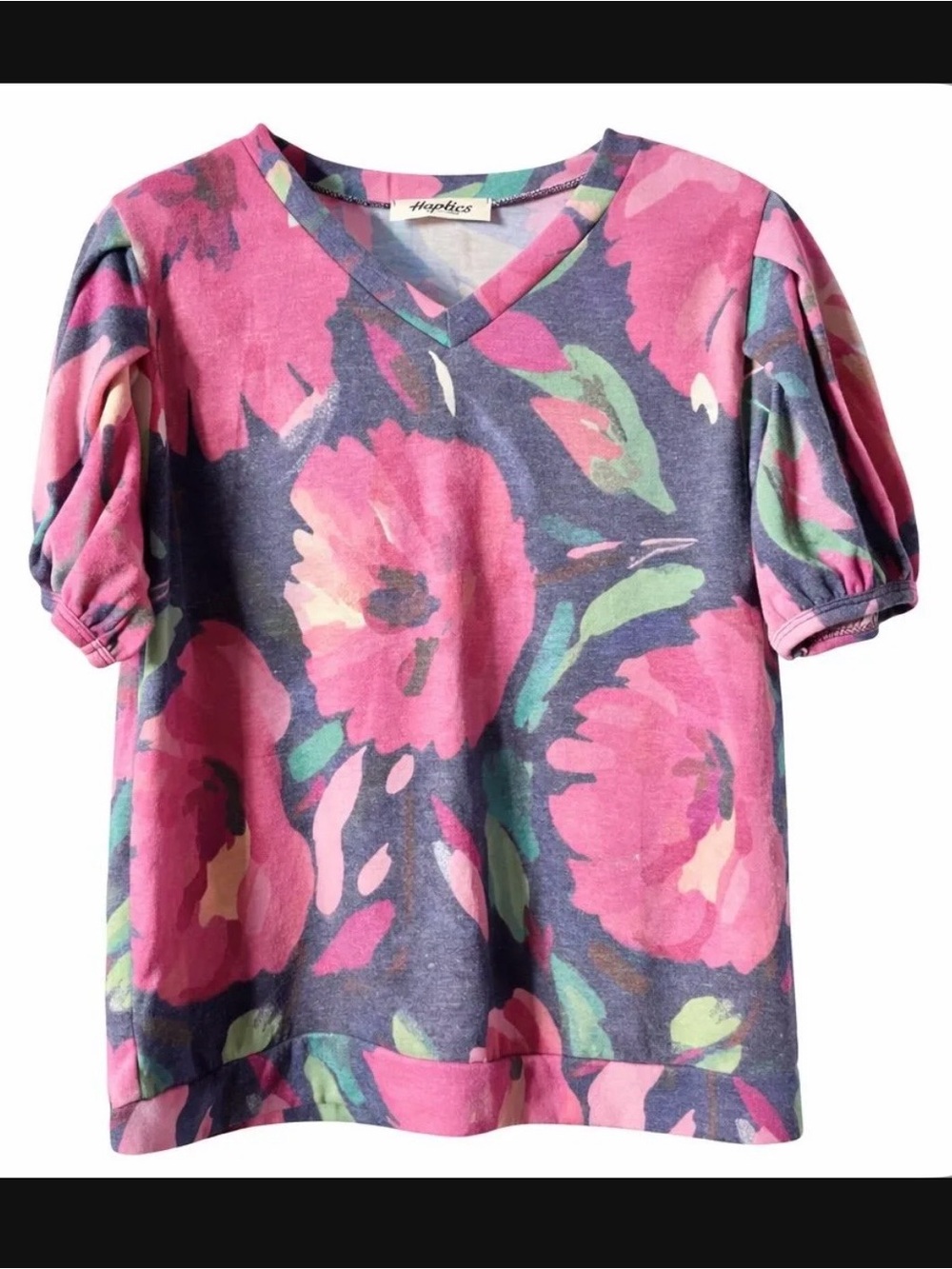 HAPTICS Floral Puff Sleeve V-Neck Stretch Top Size M